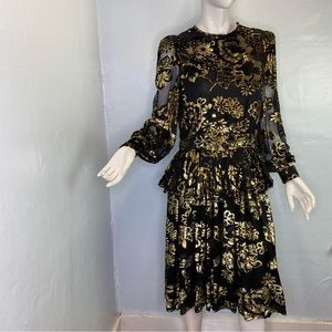 *** Martieri Black w/ Velvet and Gold Flock Dress *** Vintage